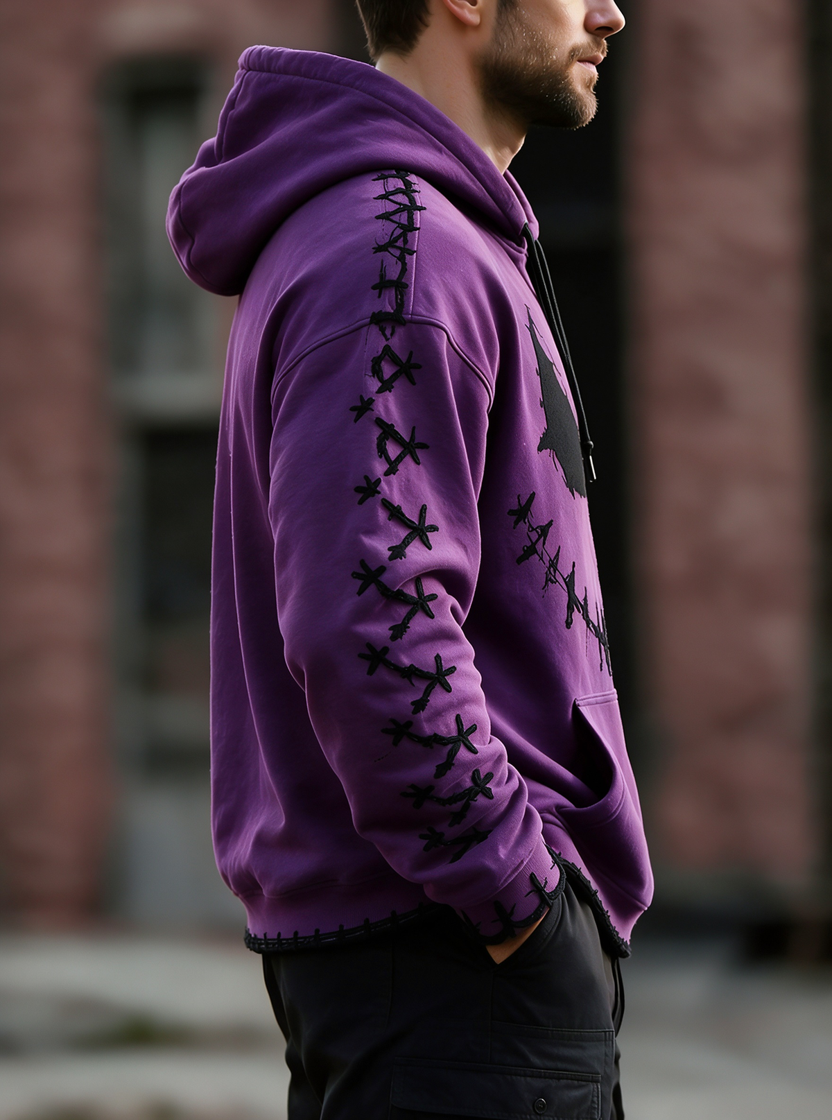 Halloween Stitched Pumpkin Face Cross‑Stitch Gothic Kangaroo-Pocket Hoodie Sweatshirt