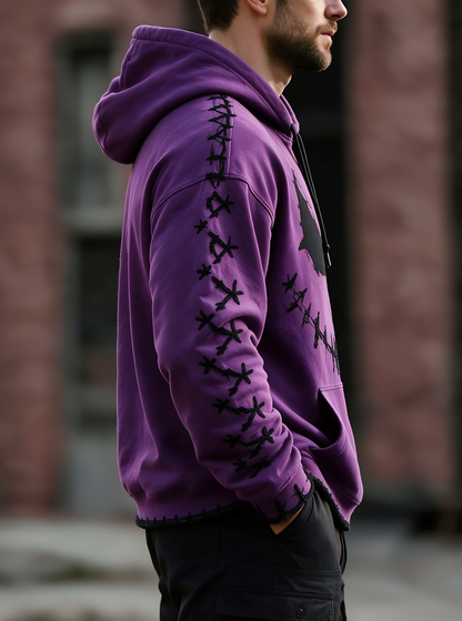 Halloween Stitched Pumpkin Face Cross‑Stitch Gothic Kangaroo-Pocket Hoodie Sweatshirt