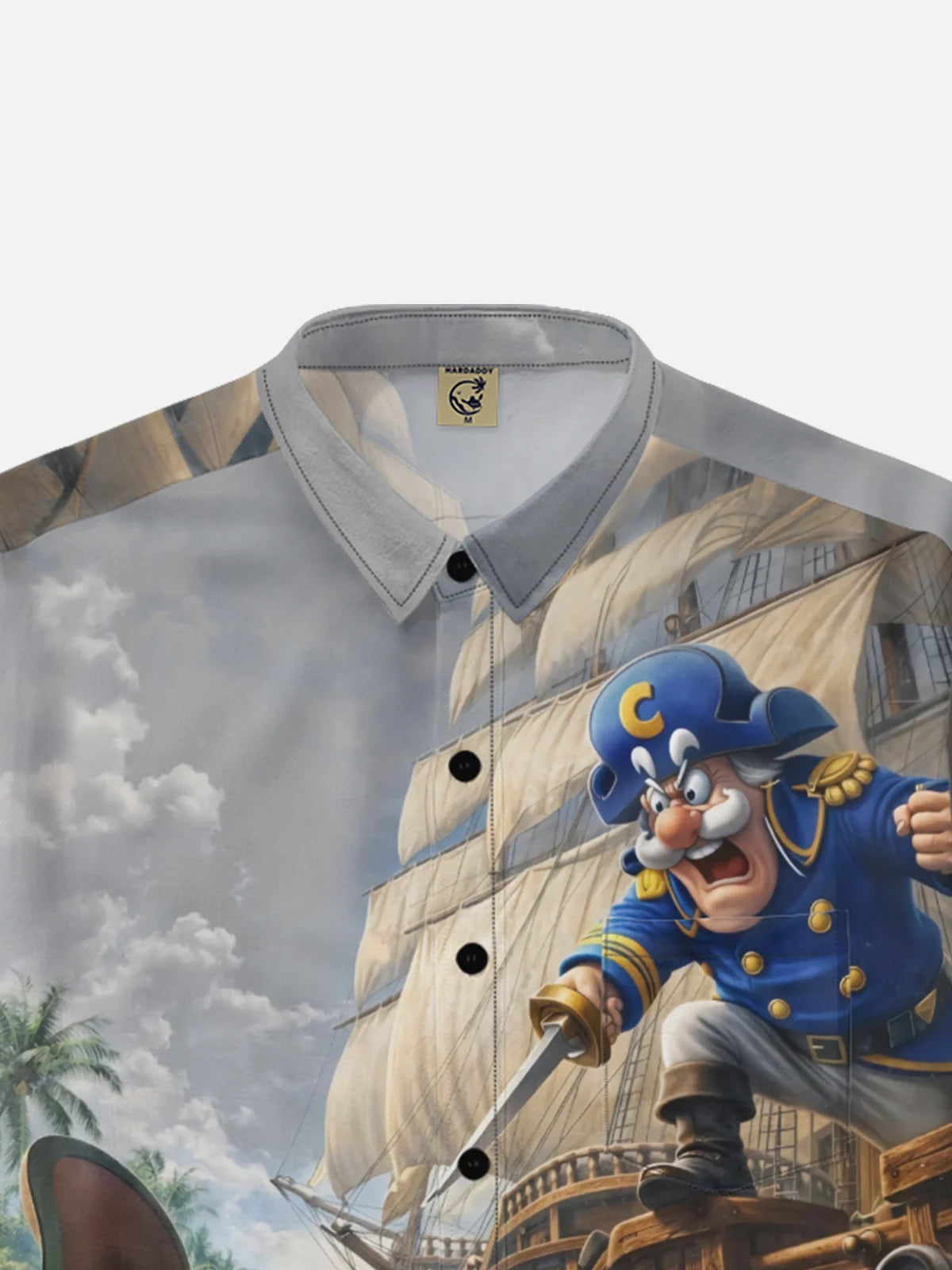 Moisture-Wicking Gradient-Color Dueling Pirates & Sailboats Design  Chest Pocket Hawaiian Shirt
