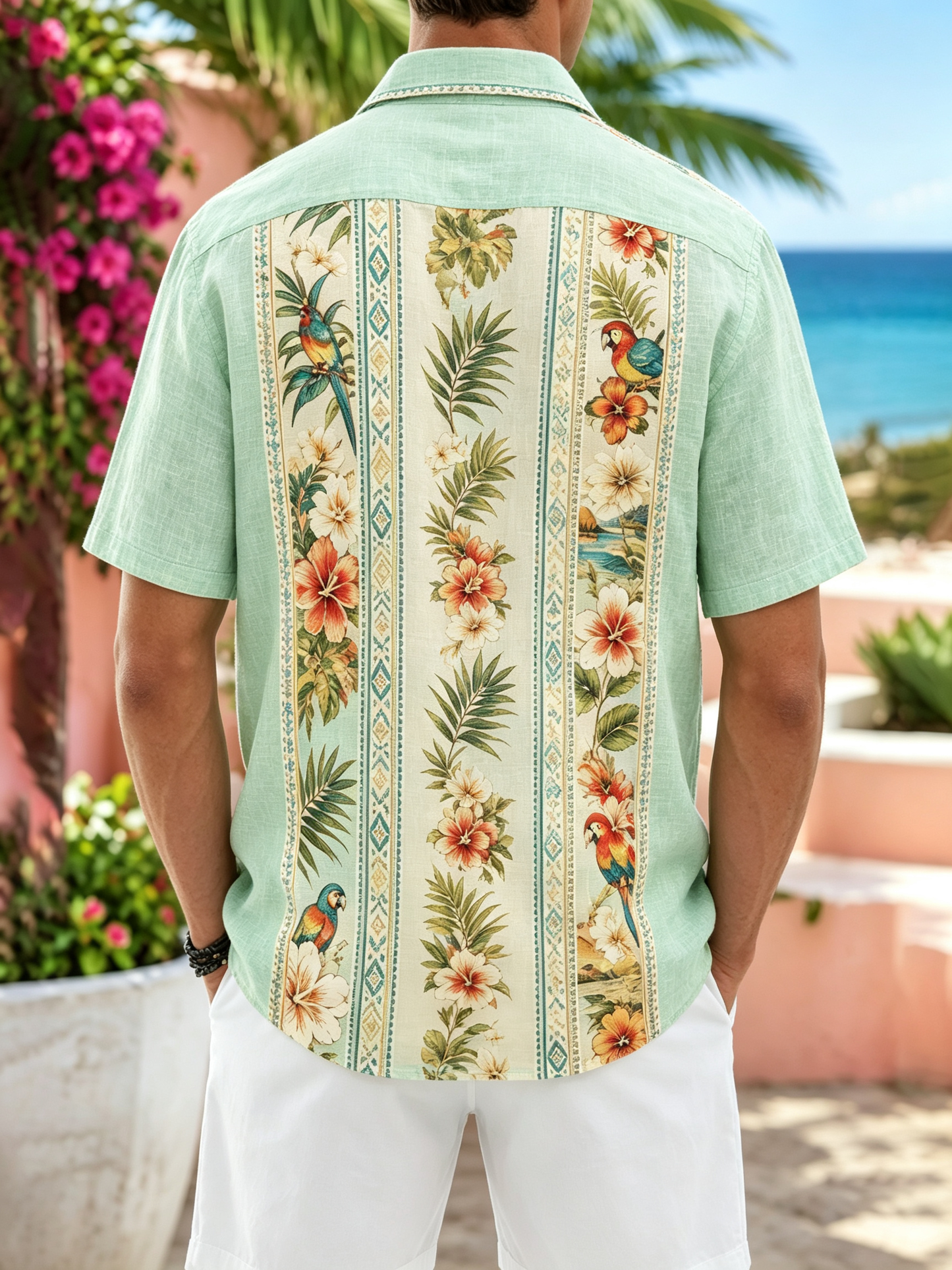 Linen-Texture Geometric Stripe & Parrot Floral Guayabera Shirt