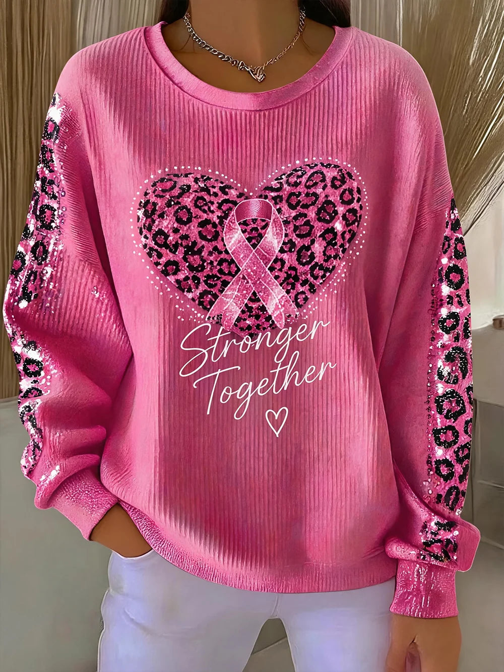 Women's Breast Cancer Awareness Print Crew-Neck Long-Sleeve Sweatshirt