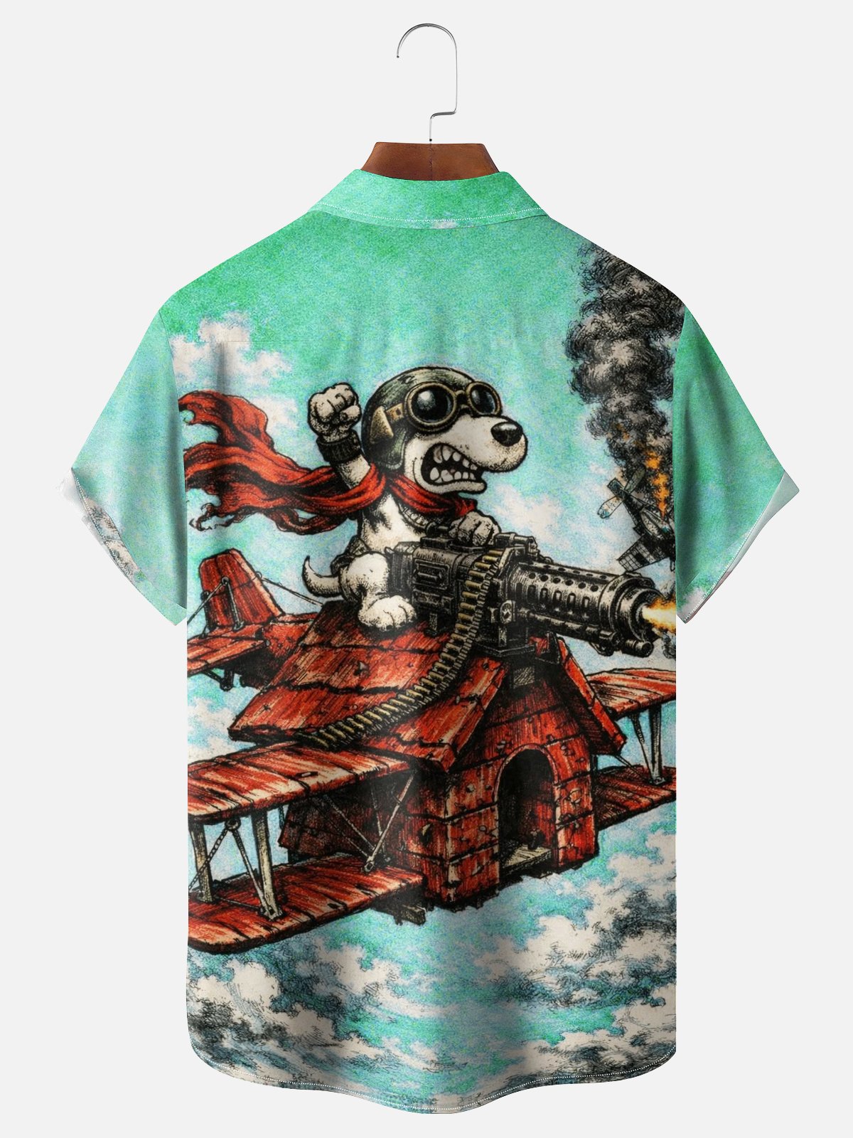 Moisture-Wicking Abstract Airplane & Dog Pattern and Chest Pocket Holiday Hawaiian Shirt