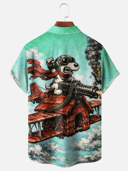 Moisture-Wicking Abstract Airplane & Dog Pattern and Chest Pocket Holiday Hawaiian Shirt