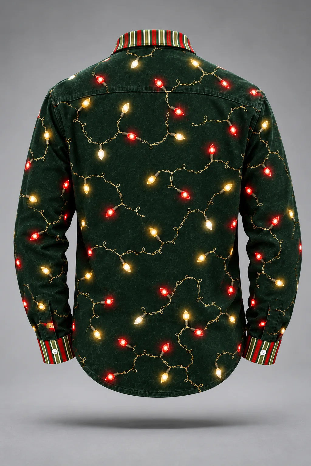 Moisture-Wicking Christmas Lights & Candy Cane Chest Pocket  Long-Sleeve Casual Shirt