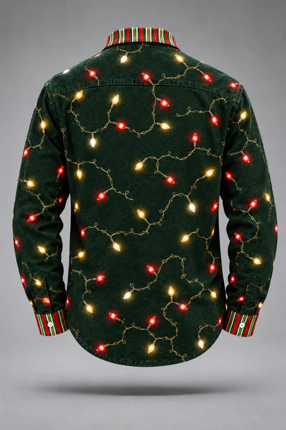 Moisture-Wicking Christmas Lights & Candy Cane Chest Pocket  Long-Sleeve Casual Shirt