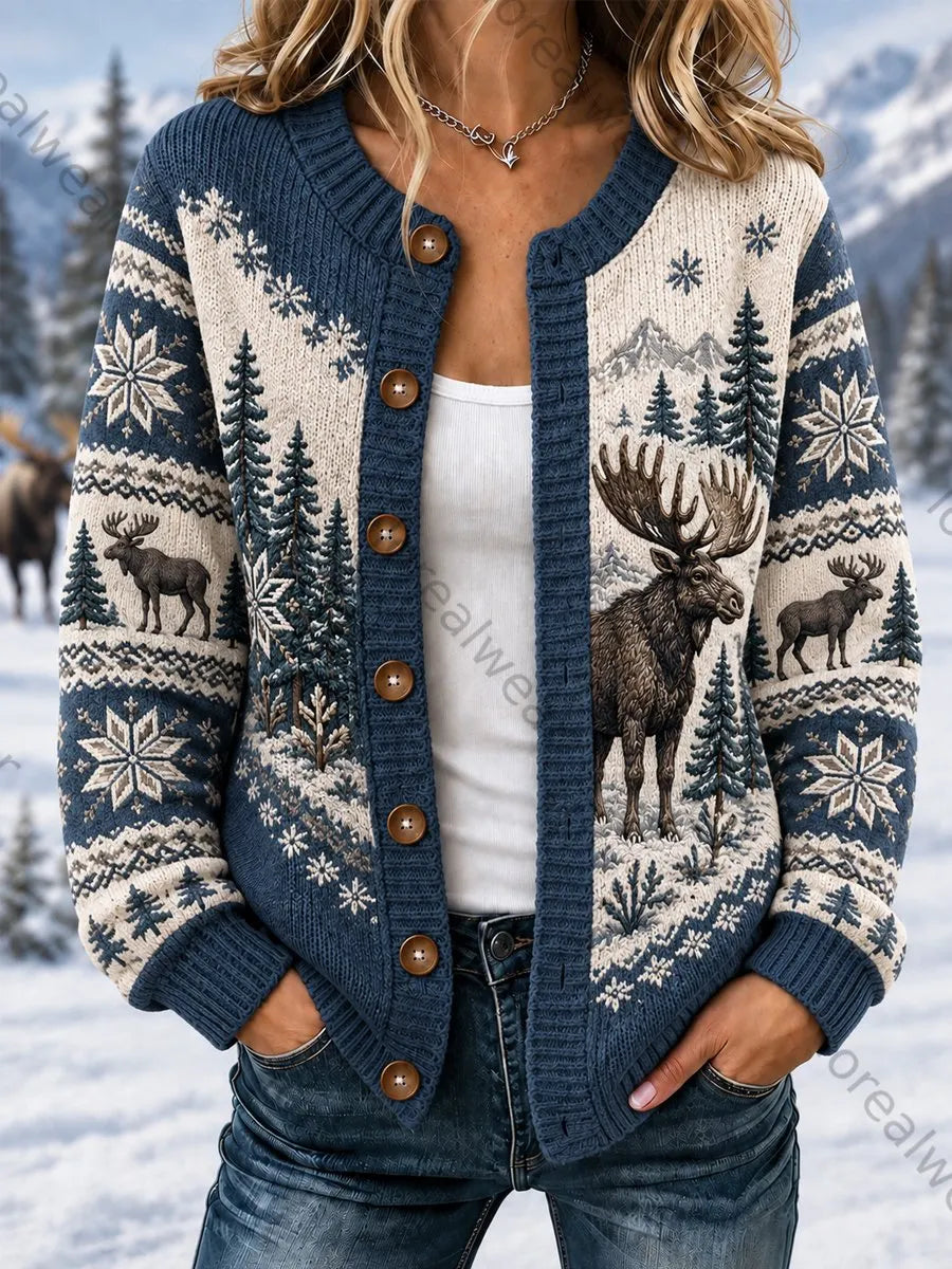 Women's Winter Moose Print Casual Cardigan