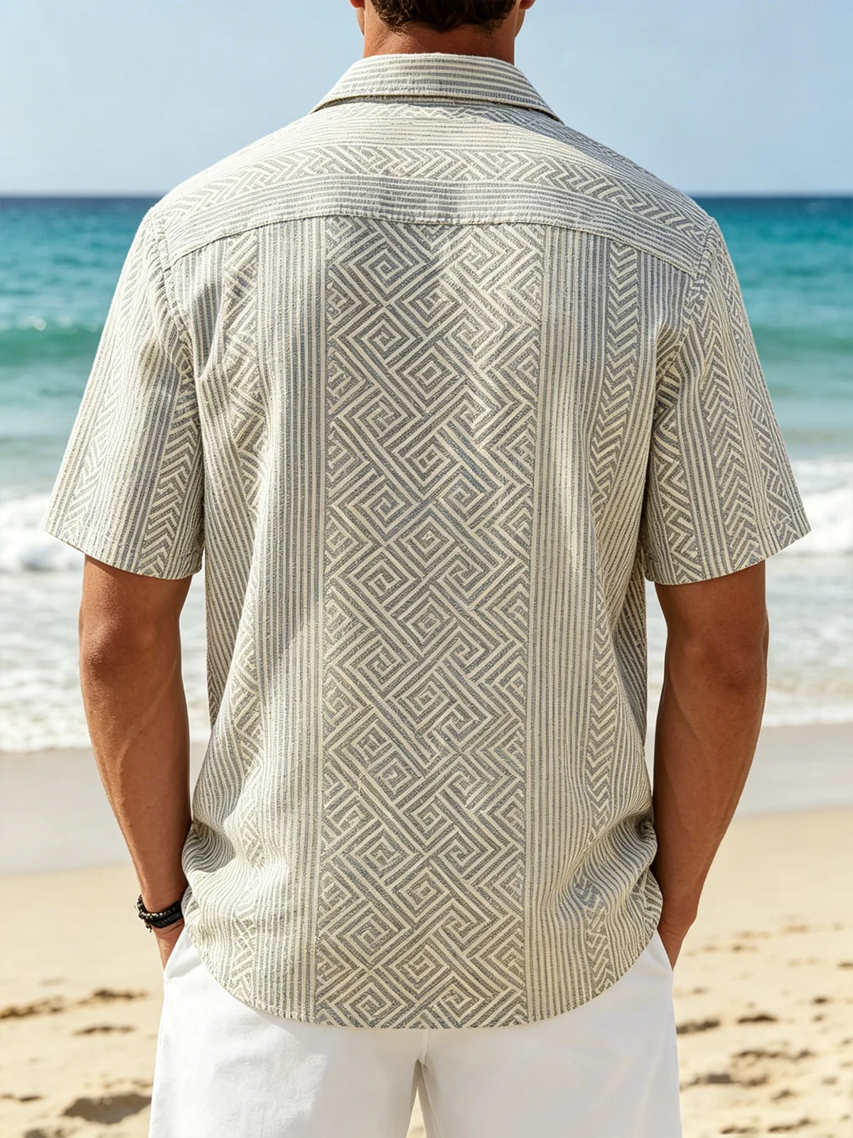 Linen-Texture Geometric Stripe  Chest Pocket Holiday Hawaiian Shirt