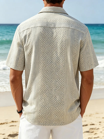 Linen-Texture Geometric Stripe  Chest Pocket Holiday Hawaiian Shirt
