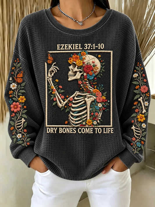 Women's Casual Printed Waffle Long-Sleeve Top