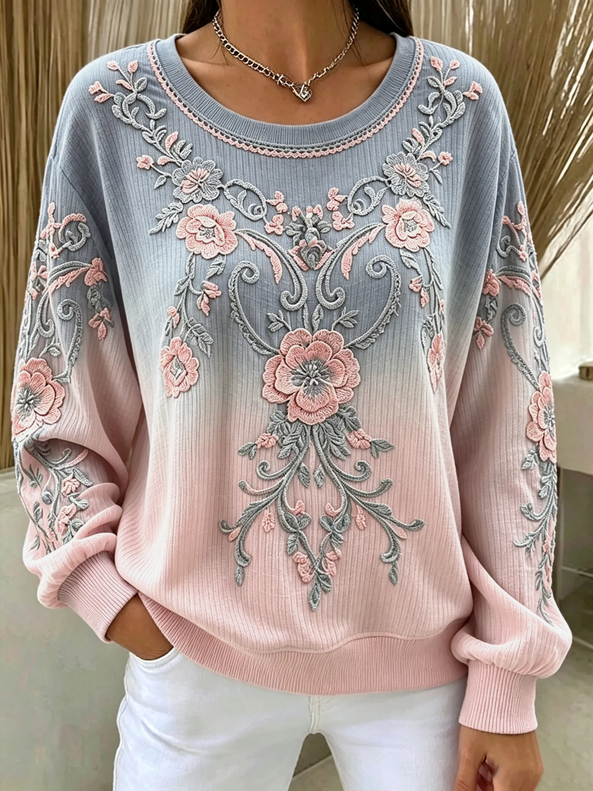 Women's Vintage Floral Print Long-Sleeve Knit Top