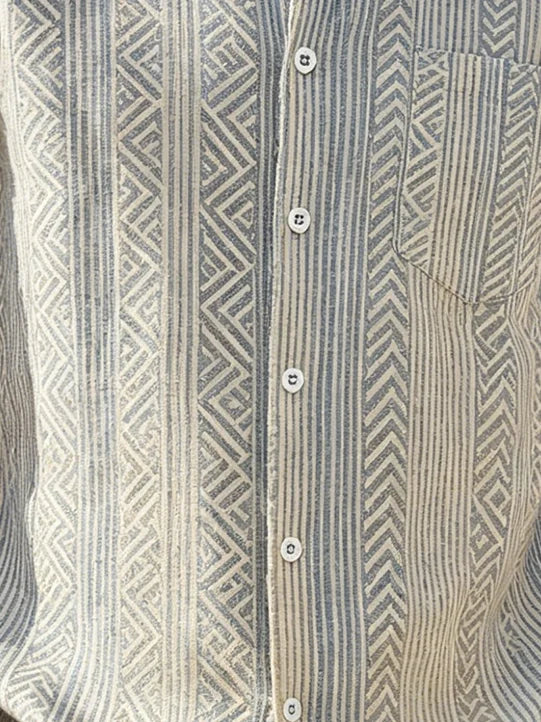 Linen-Texture Geometric Stripe  Chest Pocket Holiday Hawaiian Shirt