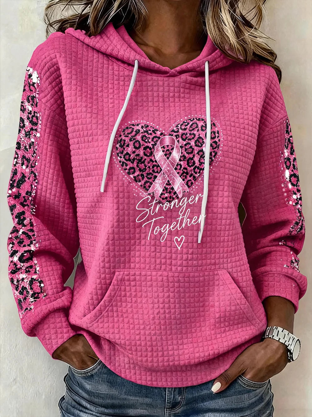 Women's Breast Cancer Awareness Print Waffle-Knit Long-Sleeve Hoodie