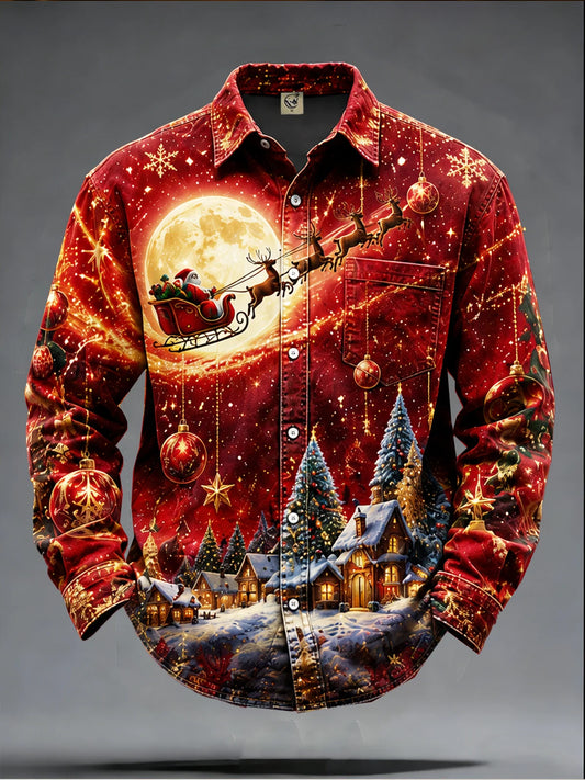 Moisture-Wicking  Christmas Santa Reindeer Tree  Chest Pocket Long-Sleeve Casual Shirt