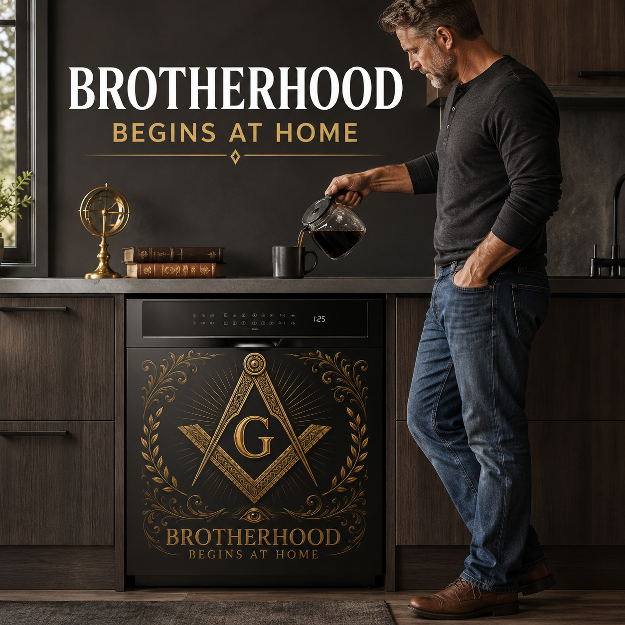 🏛️ Masonic Dishwasher Sticker – Brotherhood Begins At Home Black & Gold Kitchen Decor