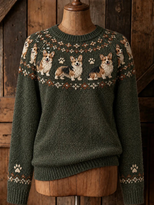 Women's Vintage Cute Corgi Dogs & Paws Print Long-sleeved Sweater