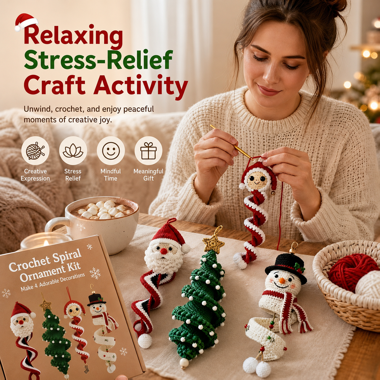 DIY Crochet Spiral Christmas Ornament Kit – 4 Beginner-Friendly Santa, Tree, Elf & Snowman Decorations