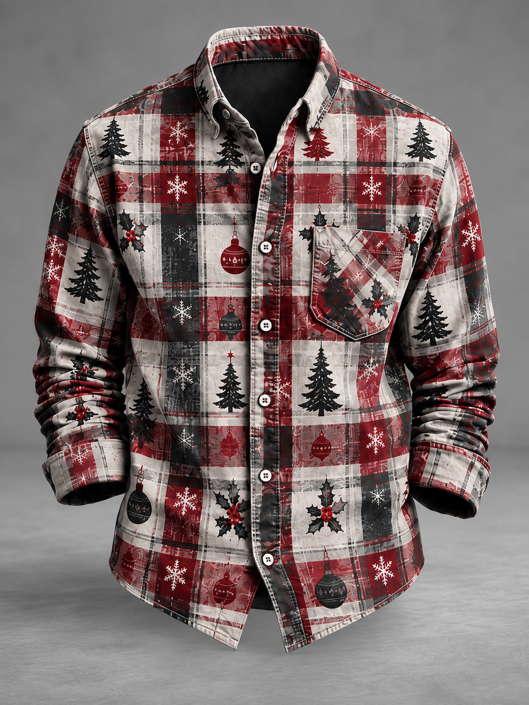 Moisture-Wicking  Christmas Tree Plaid Chest Pocket Long-Sleeve Casual Shirt
