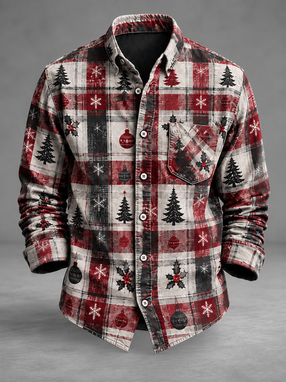 Moisture-Wicking  Christmas Tree Plaid Chest Pocket Long-Sleeve Casual Shirt