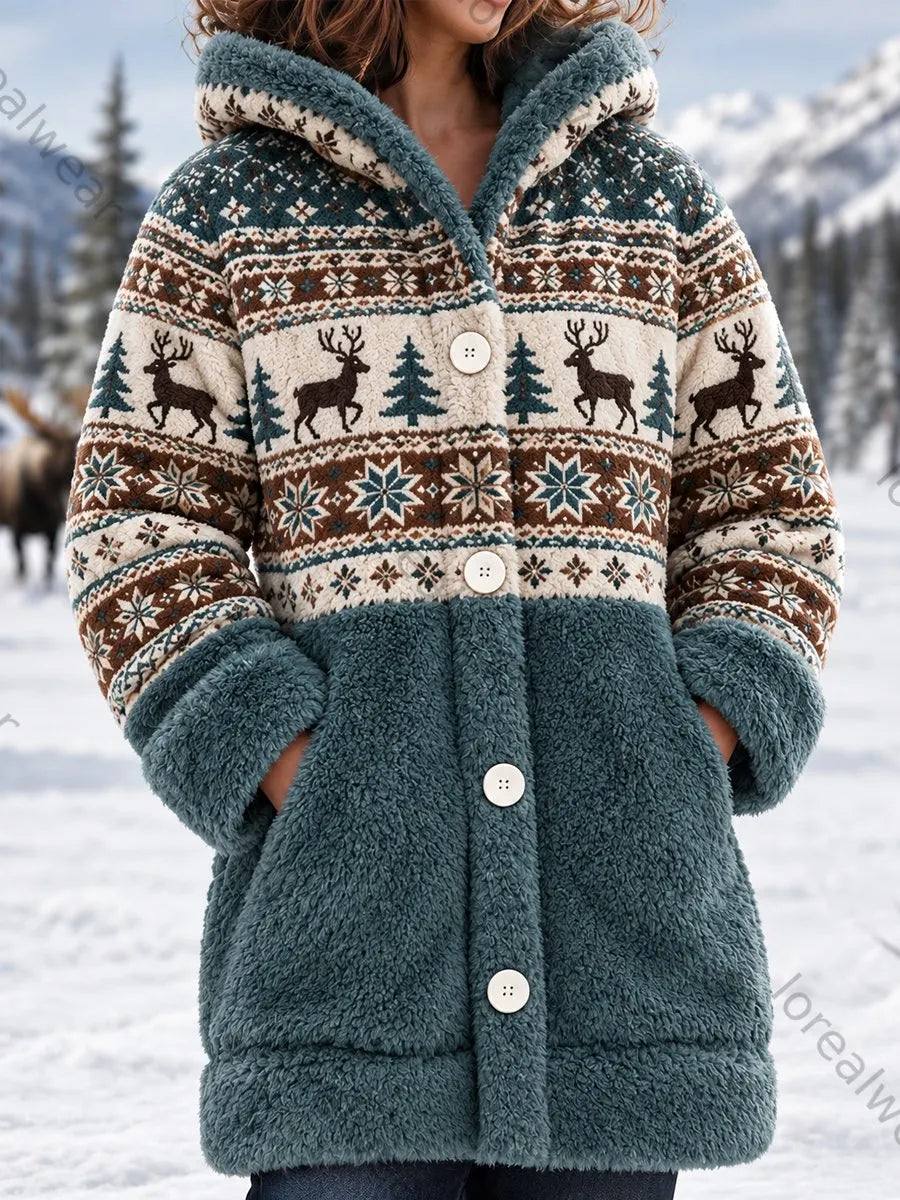 Women's Winter Elk Print Casual Flannel Hooded Coat