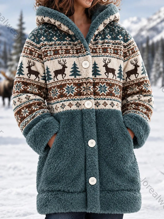Women's Winter Elk Print Casual Flannel Hooded Coat