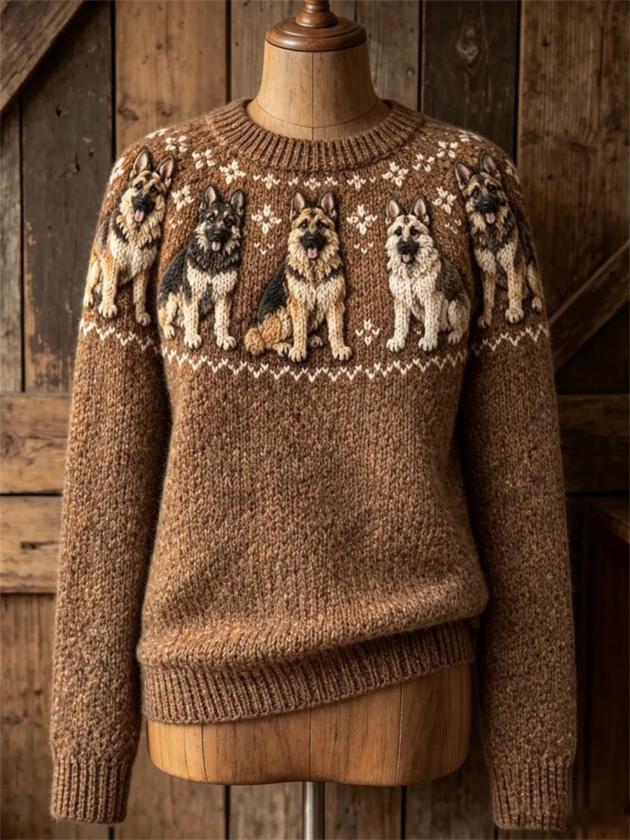 Women's Vintage German Shepherd Dogs Yoke Isle Print Cozy crew neck sweater