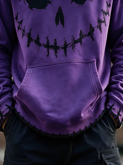 Halloween Stitched Pumpkin Face Cross‑Stitch Gothic Kangaroo-Pocket Hoodie Sweatshirt