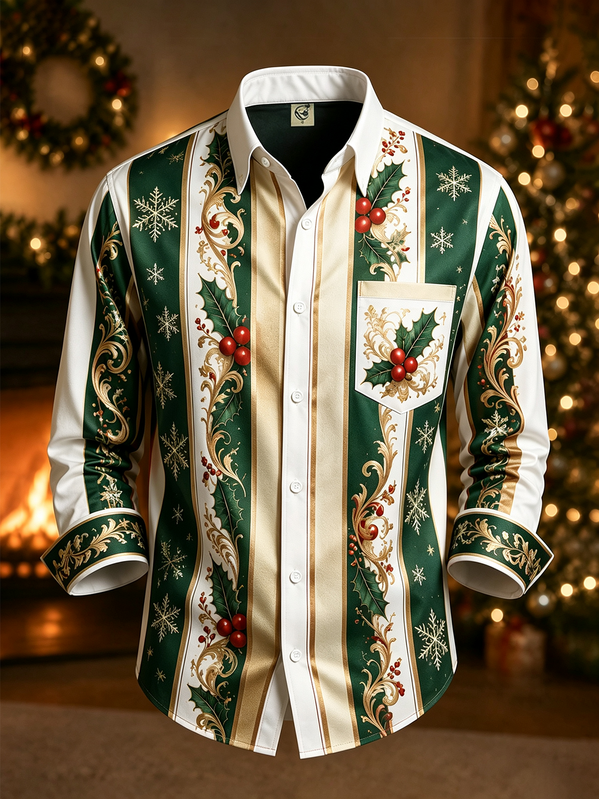 Moisture-Wicking Christmas-Themed Striped Trim and Chest Pocket  Long-Sleeve Casual Shirt