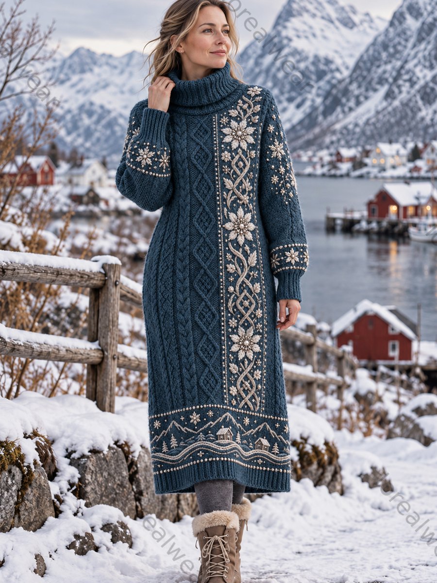 Women's Retro Nordic Floral Art High-Neck Dress