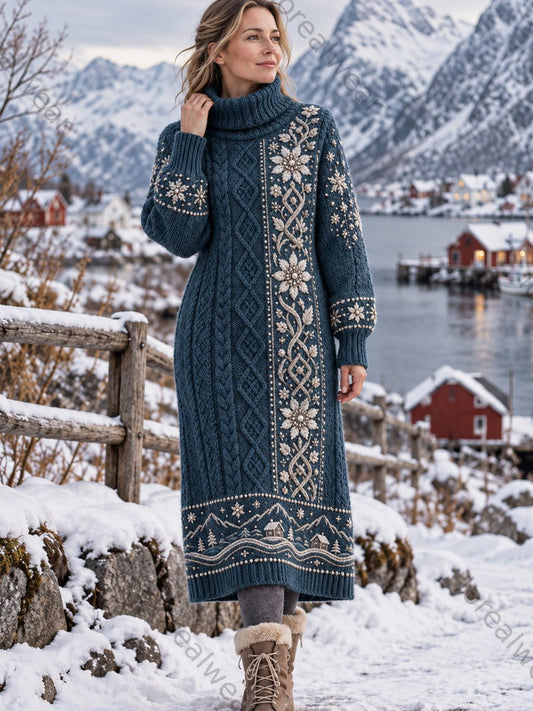 Women's Retro Nordic Floral Art High-Neck Dress