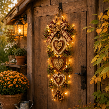 Lighted Rustic Heart Christmas Wall Hanging – Farmhouse Plaid Bow Door Decor