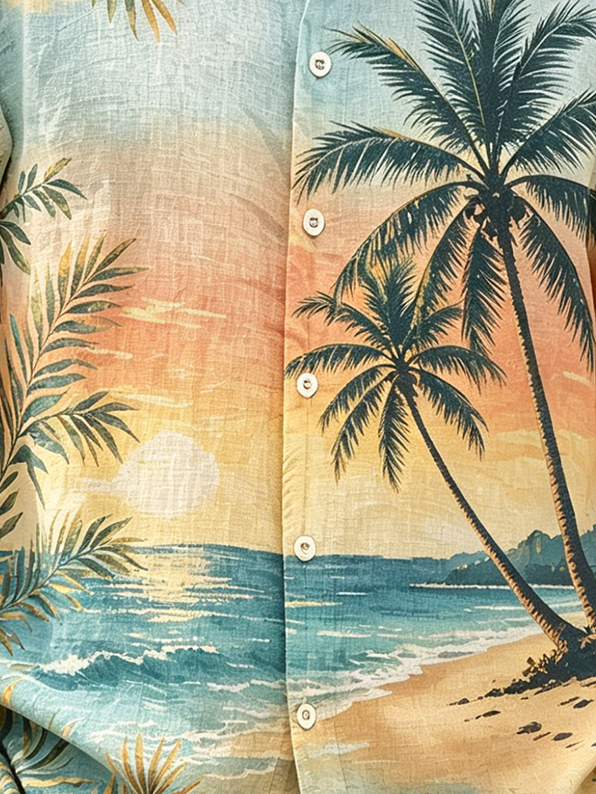 Linen-Texture Tropical Coconut Tree Print Chest Pocket Holiday Hawaiian Shirt