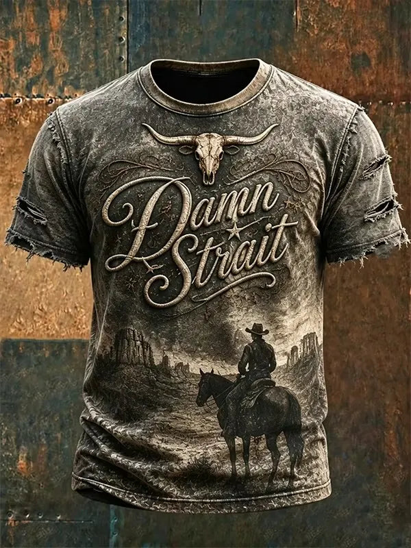 Men's Vintage Western Wilderness Cowboy Rider And Skull Print Crew Neck T-Shirt