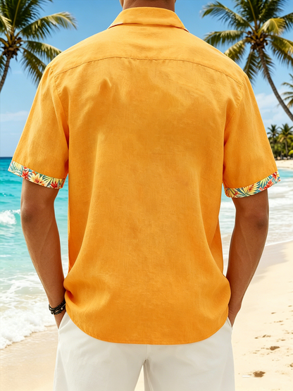 Linen-Textured Solid & Floral Patchwork Chest Pocket Hawaiian Holiday Shirt