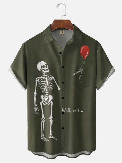Moisture-wicking Halloween Skeleton Chest Pocket Casual Shirt