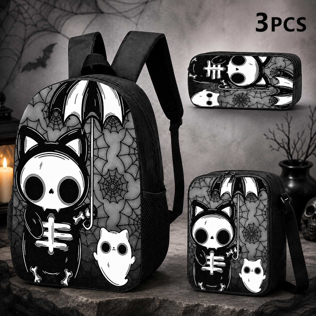 Halloween Gothic Skeleton Cat Backpack Set – 1/2/3PCS Backpack, Crossbody Bag & Pencil Case