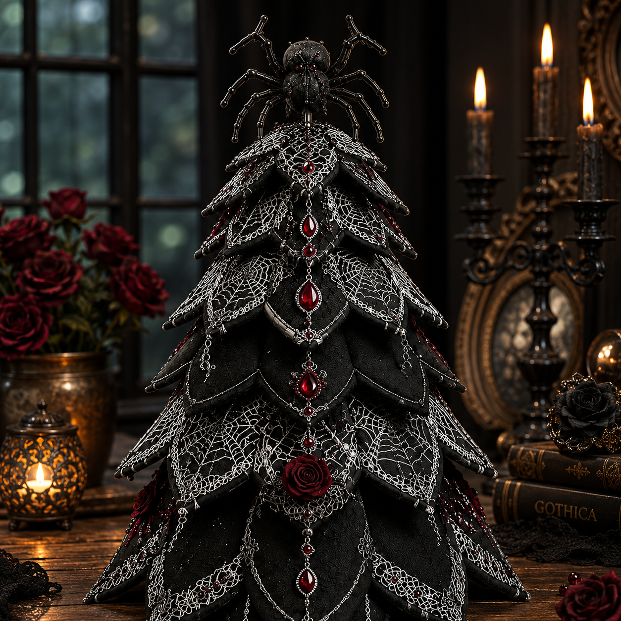 DIY Gothic Halloween Quilted Fabric Tree Kit – Layered Rose & Skull Tabletop Decoration