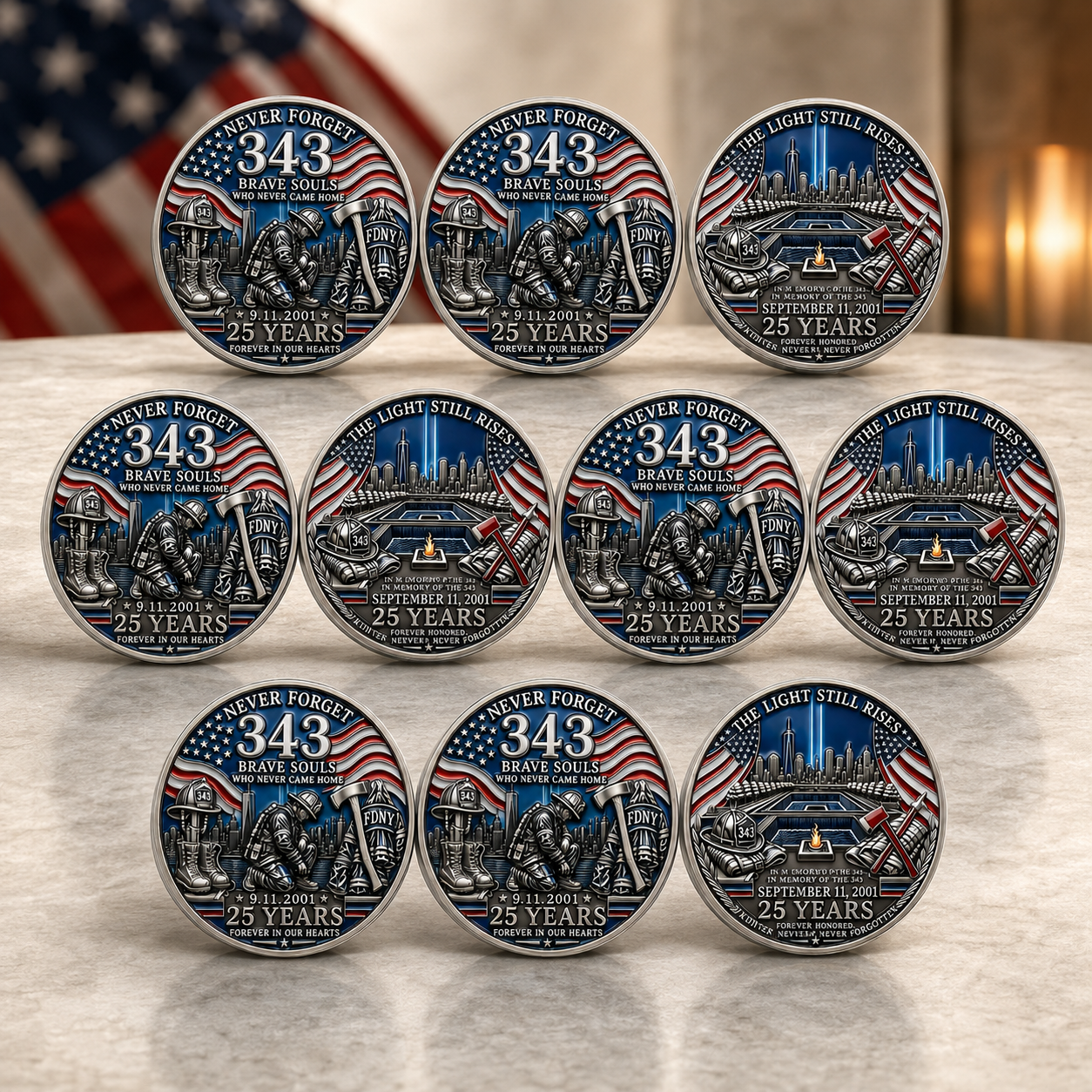 9/11 25th Anniversary Firefighter Challenge Coin - 343 Heroes Never Forget Memorial Coin