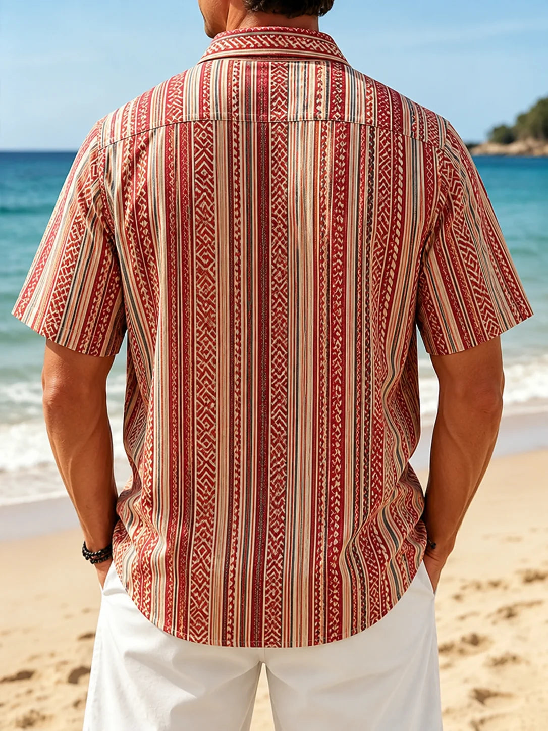 Linen-Texture Geometric Stripe  Chest Pocket Holiday Hawaiian Shirt