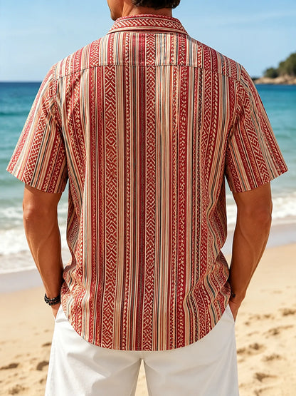 Linen-Texture Geometric Stripe  Chest Pocket Holiday Hawaiian Shirt