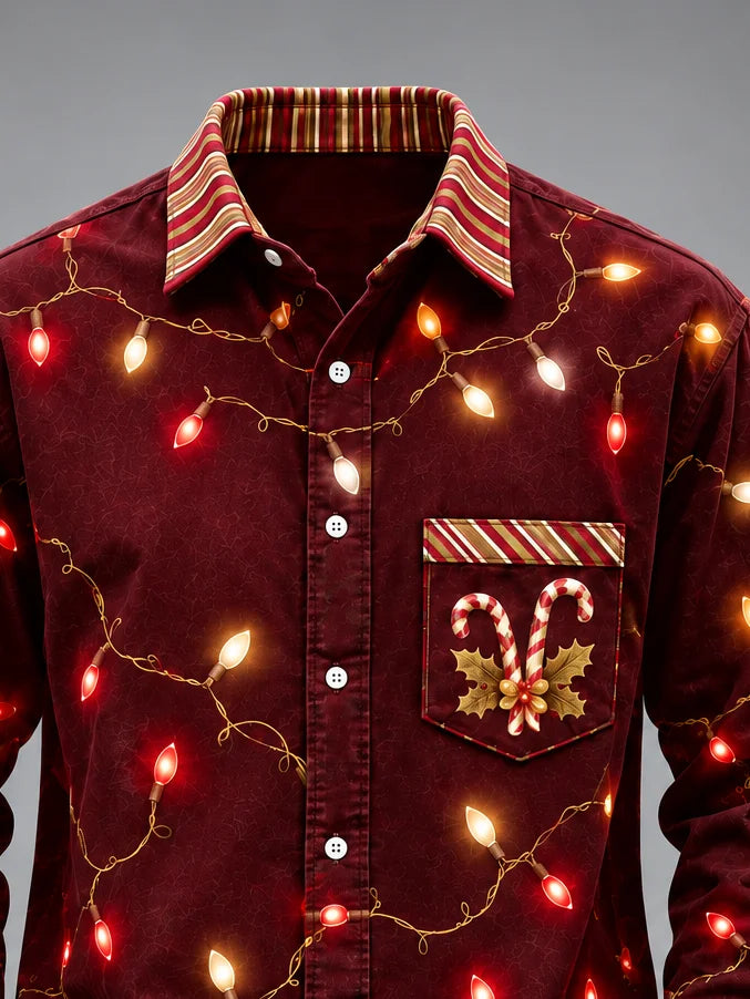 Moisture-Wicking Christmas Lights & Candy Cane Chest Pocket  Long-Sleeve Casual Shirt