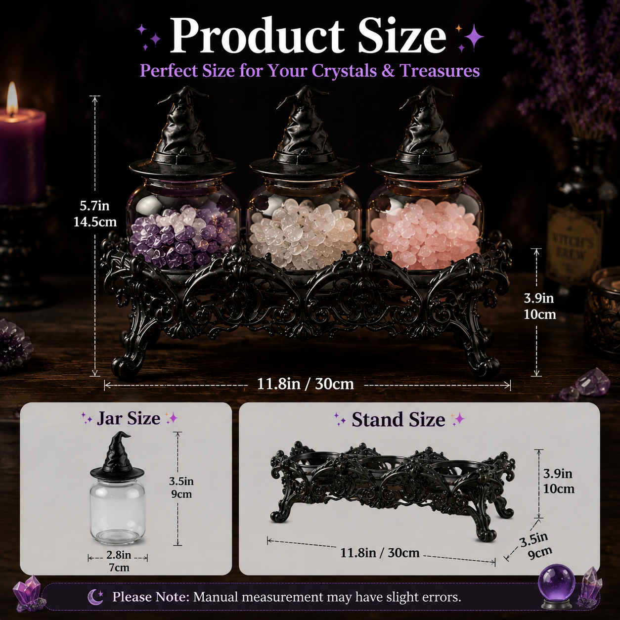 Crystal Apothecary Jar Set with Witch Hat Lids - Gothic Glass Storage Containers for Gemstones, Healing Crystals & Witchy Home Decor
