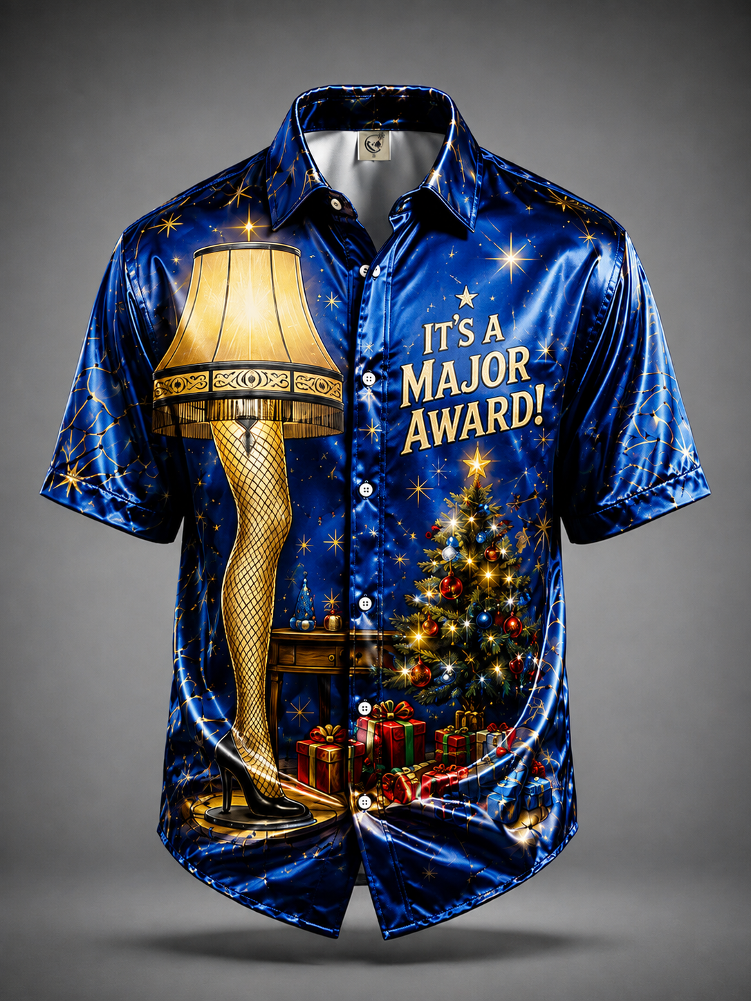 Breathable Silk Satin Christmas Leg Lamp Chest Pocket Hawaiian Shirt
