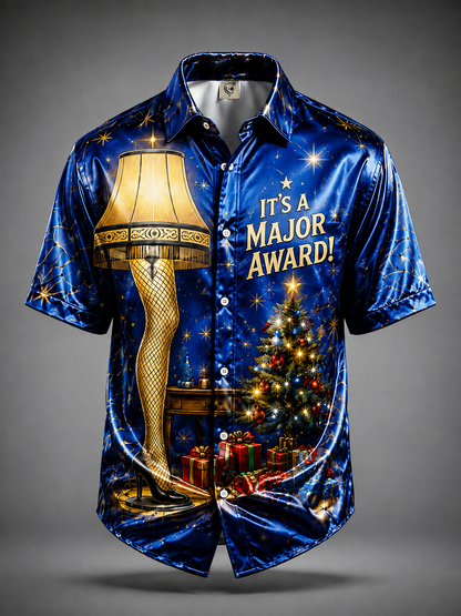 Breathable Silk Satin Christmas Leg Lamp Chest Pocket Hawaiian Shirt