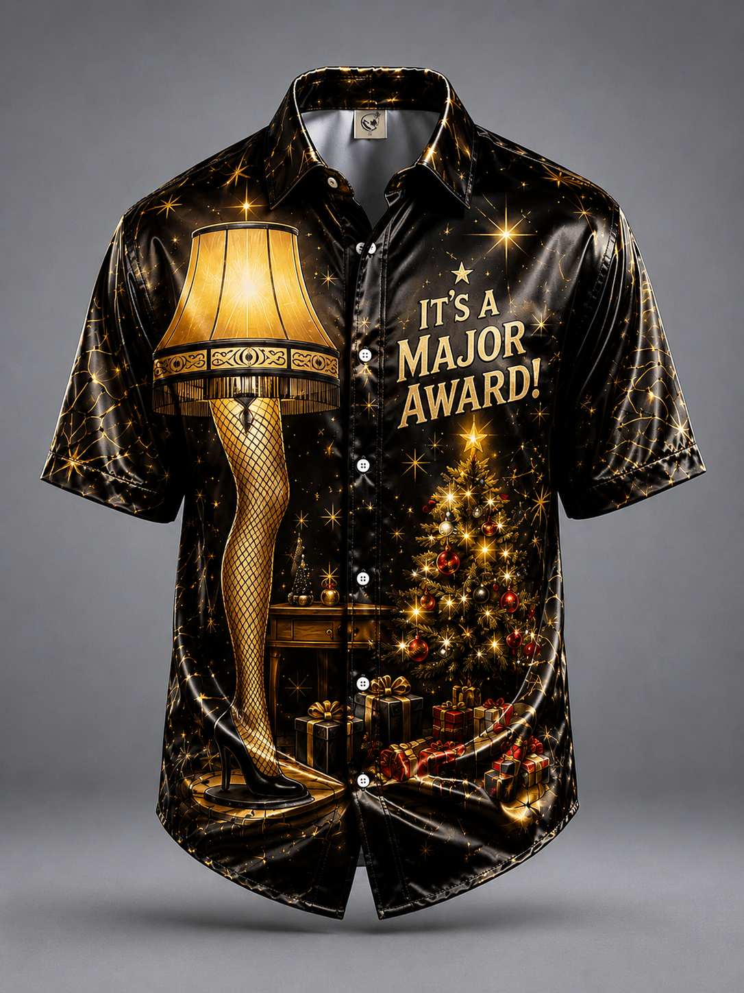 Breathable Silk Satin Christmas Leg Lamp Chest Pocket Hawaiian Shirt