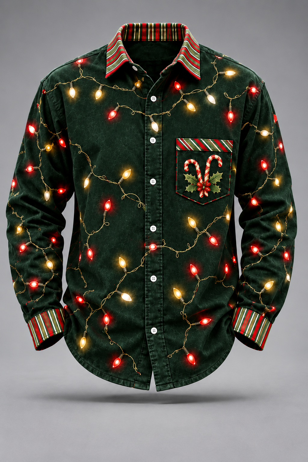 Moisture-Wicking Christmas Lights & Candy Cane Chest Pocket  Long-Sleeve Casual Shirt