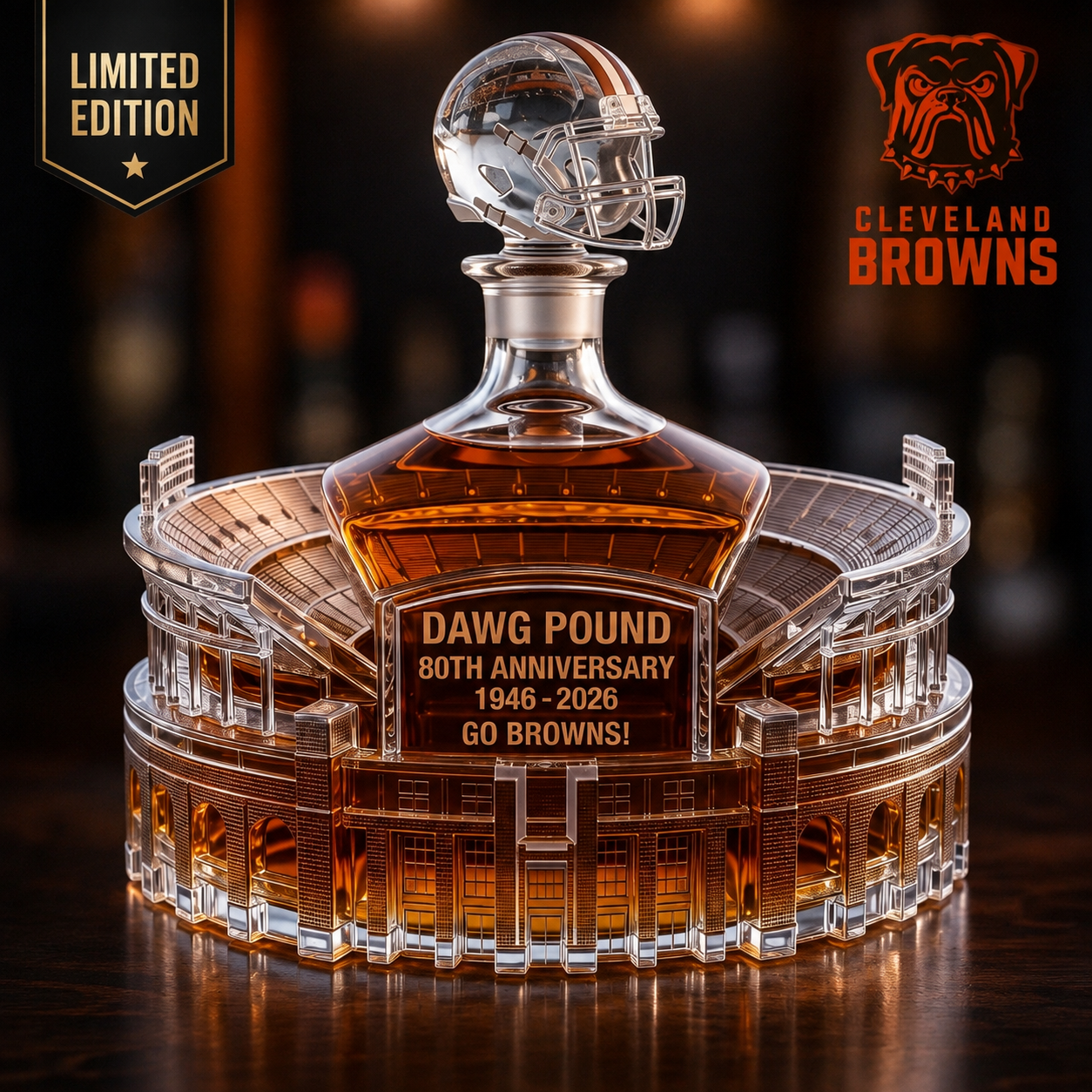 Go Browns! 80th Anniversary Dawg Pound Whiskey Decanter – Premium Stadium-Inspired Crystal Bottle for Cleveland Football Fans