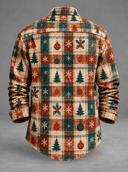 Moisture-Wicking  Christmas Tree Plaid Chest Pocket Long-Sleeve Casual Shirt
