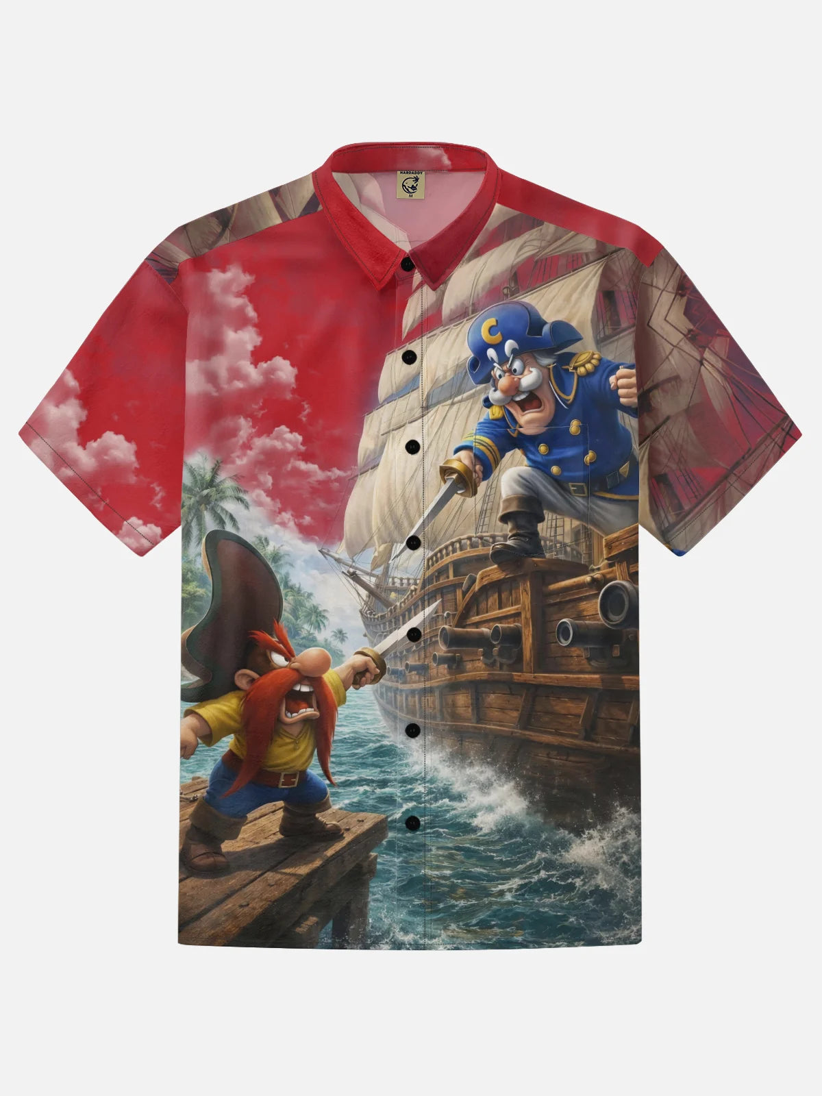 Moisture-Wicking Gradient-Color Dueling Pirates & Sailboats Design  Chest Pocket Hawaiian Shirt