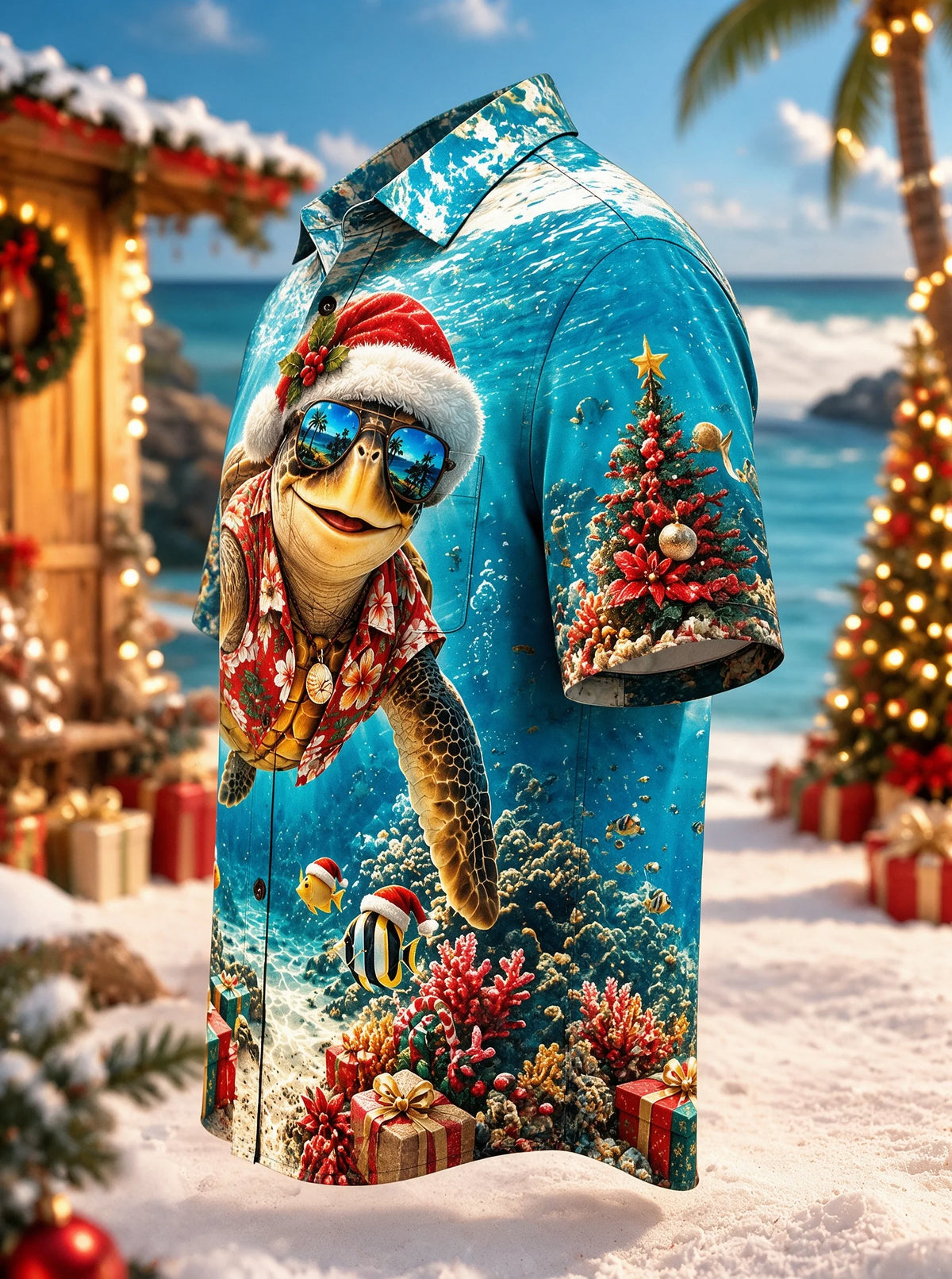 Moisture-Wicking Funny Sea Turtle Straw Hat Sunglasses Underwater Coral Reef Tropical Fish Chest Pocket Hawaiian Shirt