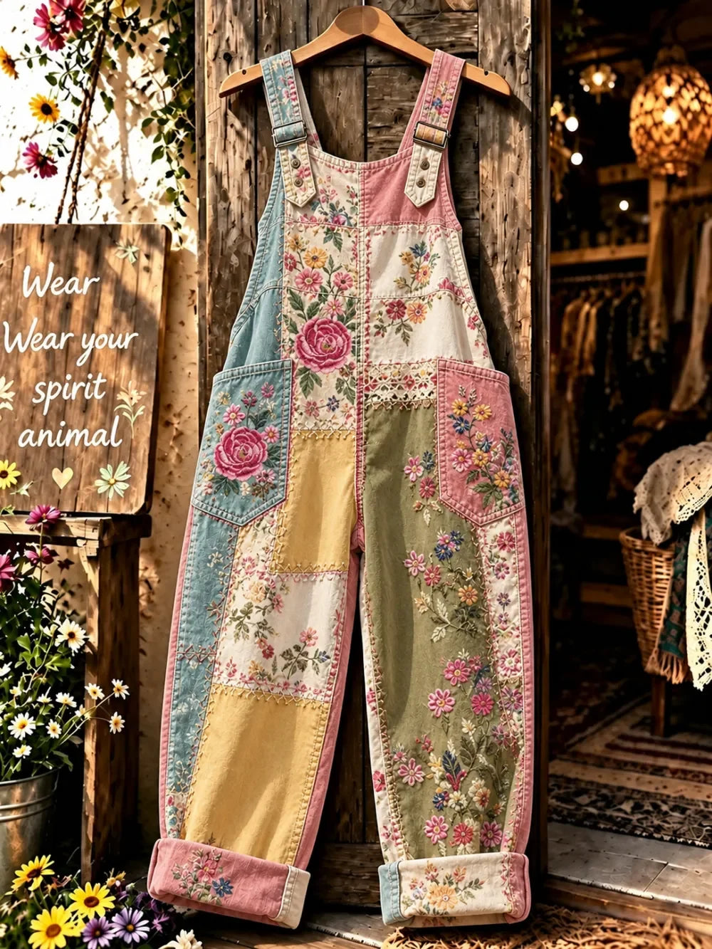 Women's Artistic Floral Pattern Patchwork Comfortable Overalls